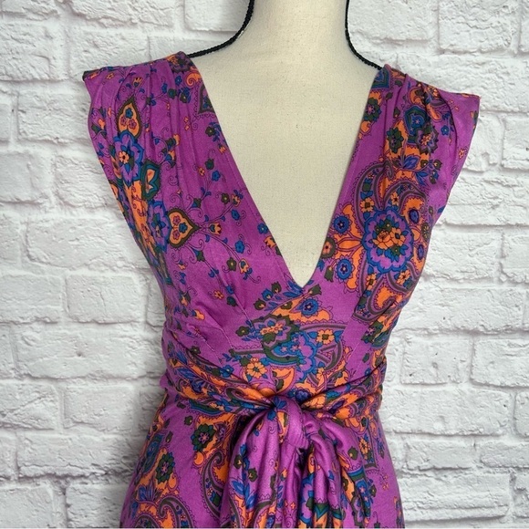 NWOT Free People Mixed Print V Neck Sleeveless Waist Tie Mini Dress - Picture 5 of 11
